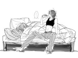 ... 2girls absurdres barefoot blush cellphone commentary_request earrings greyscale highres holding holding_phone jewelry long_hair monochrome multiple_girls on_bed original pants phone pillow sitting smartphone spoken_ellipsis sweat szm_hattori01 tank_top twitter_username under_covers