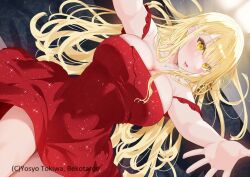 1girl :d artist_name bekotarou blonde_hair braid braided_bangs breasts cleavage covered_navel daigaku_de_ichiban_kawaii_senpai_wo_tasuketara_nomi_tomodachi_ni_natta_hanashi dress dutch_angle jewelry large_breasts long_hair necklace no_bra novel_illustration off-shoulder_dress off_shoulder official_art open_mouth outstretched_arms outstretched_hand pov red_dress second-party_source smile solo starry_sky_print tennouji_akebi yellow_eyes