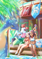 3girls azuumori bikini blue_bikini courtney_(pokemon) female_focus flaaffy gen_1_pokemon gen_2_pokemon gen_3_pokemon highres hoppip lapras multiple_girls nintendo ocean one-piece_swimsuit pokemon pokemon_(creature) pokemon_oras pokemon_sm poliwag red_one-piece_swimsuit sitting sunlight swimsuit tagme team_aqua team_aqua_grunt team_magma team_magma_grunt tropius water wooper