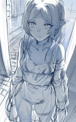 1girl aliasing bikini bikini_under_clothes breasts closed_mouth commentary elf english_commentary frieren greyscale hews highres long_hair looking_at_viewer micro_bikini monochrome pointy_ears see-through_clothes sketch small_breasts solo sousou_no_frieren standing swimsuit twintails