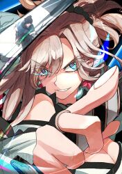 1boy 1girl bad_tag bare_shoulders blue_eyes breasts cleavage commentary_request earrings fate/samurai_remnant fate_(series) grin hair_between_eyes holding holding_sword holding_weapon japanese_clothes jewelry kimono miyamoto_iori_(fate) miyamoto_musashi_(fate) miyamoto_musashi_(woman_of_niten_ichiryuu)_(fate) ponytail reflection sigrid99 smile star_(symbol) star_earrings sword weapon white_hair white_kimono