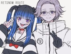 1boy 1girl amemiya_darumi aotsuki_eito black_gloves black_hair black_shirt black_stripes blue_eyes blue_hair closed_mouth collar collarbone eyelashes glasses gloves hand_up heart jacket long_hair looking_at_viewer makeup multicolored_hair multicolored_shirt open_mouth parted_hair pink_eyes runny_makeup safety_pin shirt smile teeth the_hundred_line_-last_defense_academy- tongue twintails upper_body upper_teeth_only v white_hair white_jacket white_shirt white_stripes zipper zipper_pull_tab