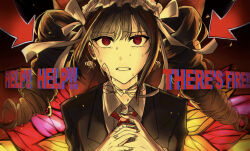 1girl black_hair black_jacket black_nails celestia_ludenberg danganronpa:_trigger_happy_havoc danganronpa_(series) drill_hair earrings embers english_text gothic_lolita hairband highres jacket jewelry lolita_fashion lolita_hairband looking_up necktie nervous nervous_sweating red_eyes red_necktie shirt solo spoilers sweat teeth twin_drills white_shirt yoraku