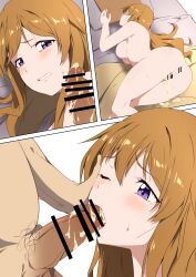 1boy 1girl absurdres aftersex ass bar_censor blush breasts brown_hair censored censored_anus clenched_teeth completely_nude cum cum_on_bed cum_on_body cum_on_legs cum_on_penis cumdrip fellatio hand_on_another&#039;s_face hetero highres irrumatio konoe_kanata large_breasts long_hair looking_at_penis love_live! love_live!_nijigasaki_high_school_idol_club male_pubic_hair multiple_views nude on_bed one_eye_closed oral penis pillow pillow_grab pubic_hair purple_eyes sweat tearing_up teeth tongue wavy_mouth zasshoku_ojisan