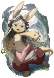 :d androgynous animal_ear_fluff animal_ears animal_feet animal_hands baggy_pants body_fur border brown_fur canyon commentary_request dappled_sunlight ears_through_headwear facing_viewer fake_horns fur-trimmed_headwear fur_trim furry grass grey_hair helmet highres horned_helmet horns large_ears legs_apart looking_at_viewer made_in_abyss nanachi_(made_in_abyss) navel on_grass open_mouth outdoors outstretched_arms pants pouch smile solo standing standing_on_one_leg sunlight tail thigh_pouch tokumaro two-tone_fur whiskers white_border yellow_eyes