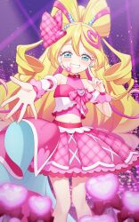 1girl arm_warmers blonde_hair blue_eyes bow-shaped_hair bridal_gauntlets brooch cure_idol detached_sleeves earrings frilled_bridal_gauntlets glowstick hair_bun hair_ornament headset heart heart_brooch heart_earrings heart_hair_bun heart_hair_ornament highres idol idol_heart_brooch jewelry kimi_to_idol_precure long_hair magical_girl midriff navel pink_bridal_gauntlets pink_skirt pink_undershirt pink_wrist_cuffs precure puffy_detached_sleeves puffy_sleeves single_arm_warmer skirt smile solo stage stage_lights tokoshibyra wrist_cuffs