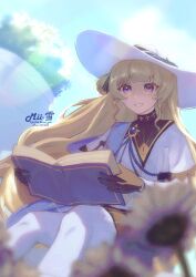 Rule 34 | 1girl, absurdres, black gloves, blonde hair, blue sash, blue sky, blurry, blurry foreground, book, day, feet out of frame, flower, gloves, grin, hat, highres, holding, holding book, long hair, long sleeves, looking at viewer, open book, outdoors, pantyhose, phoebe (wuthering waves), purple eyes, rimii yuki, sash, shirt, sitting, sky, smile, solo, very long hair, white hat, white pantyhose, white shirt, wuthering waves, yellow flower