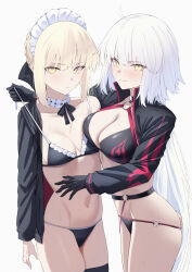 2girls absurdres artoria_pendragon_(fate) asymmetrical_docking bikini black_choker black_jacket blonde_hair breast_press breasts choker choppy_bangs cleavage cowboy_shot fate/grand_order fate_(series) frilled_bikini frilled_choker frills highres jacket jeanne_d&#039;arc_alter_(fate) jeanne_d&#039;arc_alter_(swimsuit_berserker)_(fate) large_breasts long_hair looking_at_viewer maid maid_bikini maid_headdress medium_breasts multiple_girls navel o-ring okuma707 revision saber_alter saber_alter_(swimsuit_rider) saber_alter_(swimsuit_rider)_(second_ascension) short_hair simple_background skindentation small_breasts stomach sweat sweatdrop swimsuit thighs unconventional_maid white_hair yellow_eyes