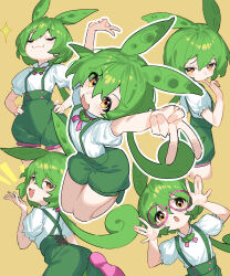 Rule 34 | 1girl, :3, arms up, bespectacled, blush, brown background, brown eyes, closed eyes, closed mouth, commentary request, double v, glasses, green hair, green shorts, hair between eyes, highres, mo ying yu, multiple views, notice lines, outline, pink-framed eyewear, puffy short sleeves, puffy shorts, puffy sleeves, round eyewear, shirt, short shorts, short sleeves, shorts, sparkle, suspender shorts, suspenders, v, voicevox, white outline, white shirt, zundamon