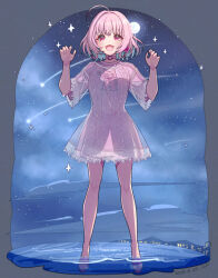 Rule 34 | 1girl, ahoge, aqua hair, blush, breasts, choker, colored inner hair, dress, earrings, fanged bangs, fangs, full body, heart, heart choker, heart o-ring, ich., idolmaster, idolmaster cinderella girls, idolmaster cinderella girls starlight stage, jewelry, knees, medium hair, multicolored hair, night, night sky, o-ring, o-ring choker, open mouth, outdoors, pill earrings, pink choker, pink eyes, pink hair, pink shirt, pink shoes, see-through clothes, see-through dress, shirt, shoes, shooting star, short sleeves, sky, smile, solo, thighs, two-tone hair, water, white dress, yumemi riamu
