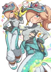 1girl baggy_pants blonde_hair blue_eyes blush breasts clothes_around_waist earrings gloves hair_over_one_eye hand_on_own_hip hat highres jacket jacket_around_waist jewelry mario_(series) mario_kart mario_kart_world multiple_views nintendo official_alternate_costume pants ponytail rosalina rosalina_(pro_racer) shirt smile star_(symbol) star_earrings tight_clothes tight_shirt toggy_keiichi torn_clothes torn_shirt v