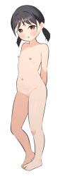 Rule 34 | 1girl, arms behind back, barefoot, black hair, blush, brown eyes, cleft of venus, collarbone, feet, female focus, flat chest, kai-o, looking at viewer, nipples, original, parted lips, pussy, short hair, short twintails, simple background, solo, thighs, toes, twintails, white background