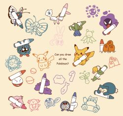 :3 bellsprout butterfree chansey claws closed_mouth crayon ditto drawing_(action) dugtrio electrode_(pokemon) english_text full_body gastly gen_1_pokemon highres holding holding_crayon legendary_pokemon mew_(pokemon) mythical_pokemon nintendo no_humans oddish pikachu pokemon pokemon_(creature) poliwag red_eyes satsumapotato smile snorlax tangela tongue tongue_out