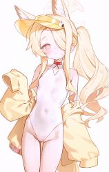 1girl animal_ear_fluff animal_ears armpit_crease bare_arms bare_legs bare_shoulders blonde_hair blue_archive blush breasts bright_pupils choker closed_mouth collarbone commentary covered_navel cross_halo diamond_cutout expressionless extra_ears flower forehead fox_ears fox_girl fymrie gluteal_fold gradient_eyes groin hair_flower hair_ornament hair_over_one_eye halo hand_up highleg highleg_one-piece_swimsuit highres jacket loli long_bangs long_hair long_sidelocks long_sleeves looking_at_viewer multicolored_eyes off_shoulder official_alternate_costume official_alternate_hairstyle one-piece_swimsuit one_eye_covered parted_bangs pink_eyes raised_eyebrows red_choker seia_(blue_archive) seia_(swimsuit)_(blue_archive) side_ponytail sidelocks simple_background sleeves_past_fingers sleeves_past_wrists small_breasts solo standing sweat swimsuit thigh_gap thighs tilted_head very_long_hair visor_cap wet white_background white_one-piece_swimsuit white_pupils yellow_eyes yellow_halo yellow_jacket yellow_visor