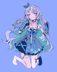 1girl and_uge blue_background blue_bow blue_bowtie blue_choker blue_dress blue_eyes blue_nails blue_sleeves blue_socks blunt_bangs bow bowtie breasts chain choker circle_facial_mark closed_mouth colored_inner_hair commentary_request detached_sleeves dress fingernails full_body grey_hair halftone highres joints jumping long_hair looking_at_viewer matumot multicolored_hair nanashi_inc. official_art robot_joints simple_background small_breasts smile socks solo sundress thick_eyebrows tongue tongue_out very_long_hair virtual_youtuber white_socks