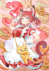 1girl akami_karubi animal_ears apron artist_name bacon blue_eyes bow bowtie burger closed_mouth collar crazy_raccoon dress fang food highres looking_at_viewer red_dress red_hair red_tail ryota-h solo stuffed_animal stuffed_toy tail v virtual_youtuber waist_apron wrist_cuffs
