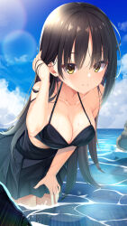 Rule 34 | 1girl, adjusting hair, alternate costume, aria (koiiroharemoyou), backlighting, bare shoulders, bikini, black bikini, black hair, black skirt, blue sky, blush, breasts, cafe stella to shinigami no chou, cleavage, closed mouth, cloud, collarbone, commentary, cowboy shot, day, earrings, eyelashes, eyes visible through hair, hair behind ear, hair between eyes, hair over shoulder, halterneck, hand on own thigh, hand up, happy, highres, jewelry, large breasts, leaning forward, lens flare, long hair, looking at viewer, mole, mole under eye, ocean, outdoors, pleated skirt, shiki natsume, skirt, sky, smile, solo, sparkle, straight hair, stud earrings, sunlight, swimsuit, very long hair, wading, water, wet, wet hair, yellow eyes