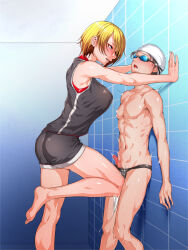 1boy 1girl aho_manten ball_busting black_male_swimwear femdom goggles highres kabedon kneeing locker locker_room male_swimwear swim_cap