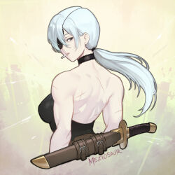 1girl artist_name back black_choker breasts building chainsaw_man choker cigarette cowboy_shot dress grey_eyes large_breasts long_hair looking_at_viewer meziosaur muscular muscular_female quanxi_(chainsaw_man) scar scar_on_arm scar_on_back simple_background solo standing strapless strapless_dress sword sword_on_back weapon weapon_on_back white_hair