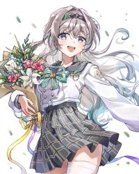 Rule 34 | 1girl, black hairband, blue pupils, blush, bouquet, bow, bowtie, firefly (honkai: star rail), firefly (spring missive) (honkai: star rail), flower, gradient hair, grey hair, grey sailor collar, grey skirt, hair between eyes, hair intakes, hairband, highres, holding, holding bouquet, honkai: star rail, honkai (series), long hair, long sleeves, multicolored eyes, multicolored hair, name tag, open mouth, plaid bow, plaid bowtie, plaid clothes, pleated skirt, sailor collar, shirt, simple background, skirt, smile, solo, teeth, thighhighs, twitter username, two-tone eyes, upper teeth only, white background, white shirt, white sleeves, white thighhighs, yuewishies