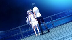 1boy 1girl bare_shoulders barefoot black_hair black_pants black_shoes brother_and_sister closed_eyes cloud dress flinch fumio_(ura_fmo) game_cg grey_hair grisaia_(series) grisaia_no_rakuen hand_up horizon kazami_kazuki kazami_yuuji long_hair looking_at_another mihama_private_academy_school_uniform night night_sky non-web_source ocean outdoors pants railing school_uniform shirt shoes short_hair short_sleeves siblings sky slapping sleeveless sleeveless_dress spoilers standing sundress variant_set very_long_hair watch white_dress white_shirt wide_shot wooden_floor wristwatch