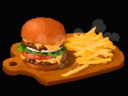 Rule 34 | beef, black background, burger, cheese, cutting board, food, french fries, highres, hisachan55cute, lettuce, mayonnaise, no humans, original, pixel art, scenery, simple background, steaming food, tomato