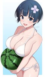 Rule 34 | 1girl, ball, beachball, bikini, blue eyes, blue hair, blush, bowl cut, breasts, cleavage, commentary request, flower, hair flower, hair ornament, highres, holding, holding ball, large breasts, looking at viewer, open mouth, paid reward available, senran kagura, senran kagura estival versus, senran kagura shinovi versus, short hair, side-tie bikini bottom, smile, solo, string bikini, surippa1010, swimsuit, white bikini, yozakura (senran kagura)