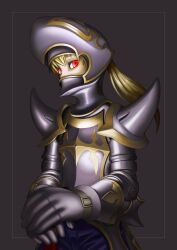 1boy armlet armor blonde_hair blue_pants dark_knight_(fft) dark_knight_(final_fantasy) final_fantasy final_fantasy_tactics gauntlets getaro grey_armor helm helmet highres holding holding_weapon jewelry looking_at_viewer pants ponytail ramza_beoulve red_eyes shoulder_spikes simple_background solo spiked_armlet spiked_elbow_pads spikes sword upper_body weapon
