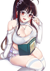 1girl adjusting_eyewear ahoge black_hair bra bra_peek breasts cleavage cleavage_cutout clothing_cutout detached_sleeves glasses goddess_of_victory:_nikke highres large_breasts long_hair moran_(nikke) moran_(off-duty_queen)_(nikke) multicolored_hair navel official_alternate_costume ponytail red_eyes red_hair round_eyewear shirt shorts solo streaked_hair torn_clothes torn_shorts underwear white_background yougenko