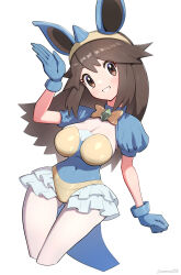 1girl absurdres alternate_costume animal_ears blue_gloves blue_leotard breasts brown_eyes brown_hair cleavage cosplay covered_navel cowboy_shot gen_1_pokemon gloves gonzarez hairband highres horns large_breasts leaf_(pokemon) leotard long_hair nidoqueen nidoqueen_(cosplay) nintendo playboy_bunny pokemon pokemon_frlg simple_background single_horn spiked_hairband spikes strapless strapless_leotard white_background