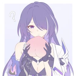 Rule 34 | 1girl, ?, acheron (honkai: star rail), asymmetrical gloves, black gloves, breasts, cleavage, closed mouth, commentary, earrings, english commentary, food, fruit, gloves, hair over one eye, highres, holding, holding food, holding fruit, honkai: star rail, honkai (series), jewelry, large breasts, long hair, looking at viewer, peach, purple background, purple eyes, purple hair, samlatte, single bare shoulder, single earring, solo, upper body, very long hair