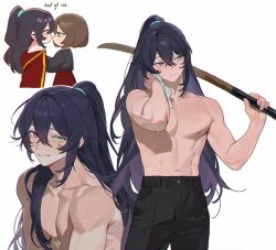 1boy 1girl black_hair black_pants blue_eyes brown_hair closed_mouth green_eyes hair_between_eyes heterochromia highres holding holding_weapon hong_lu_(project_moon) limbus_company long_hair male_focus moony_(past_desiderium) multicolored_hair multiple_views nipples pants past_desiderium ponytail project_moon purple_hair short_hair simple_background sweat sword toned toned_male topless_male very_long_hair weapon white_background wooden_sword