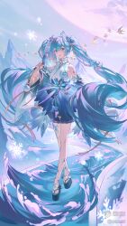 1girl :d absurdres acrrrrrr bare_shoulders bird black_sandals blue_eyes blue_hair blue_sleeves detached_sleeves double-parted_bangs full_body hair_between_eyes hand_fan hand_up hatsune_miku highres holding holding_fan japanese_clothes kimono long_hair long_sleeves looking_at_viewer mihuashi_username number_tattoo okobo open_mouth outdoors platform_sandals sandals shoulder_tattoo sleeveless sleeveless_kimono smile solo standing tattoo twintails very_long_hair vocaloid white_kimono wide_sleeves