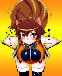 Rule 34 | 1girl, :3, animal ears, antenna hair, arc system works, bare shoulders, bent over, blazblue, blazblue: continuum shift, blush, blush stickers, boots, breasts, brown eyes, brown hair, colorized, covered erect nipples, dr.p, female focus, large breasts, makoto nanaya, multicolored hair, short hair, smile, solo, squirrel ears, squirrel tail, streaked hair, tail, tail wagging, thigh boots, thighhighs, tonfa, weapon