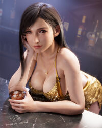 1girl 3d bar_(place) billyhhyb black_hair bottle breasts cleavage cosplay cup drinking_glass elbow_rest final_fantasy final_fantasy_vii final_fantasy_vii_remake gold_dress grand_theft_auto grand_theft_auto_vi highres holding holding_cup large_breasts lips looking_at_viewer lucia_caminos lucia_caminos_(cosplay) red_eyes solo tifa_lockhart