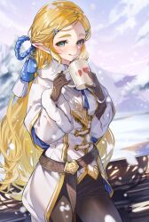 :q blonde_hair blush female gloves hair_ornament hairclip long_hair looking_at_viewer nintendo pointy_ears princess_zelda shuri_(84k) tea_cup the_legend_of_zelda the_legend_of_zelda:_breath_of_the_wild tongue tongue_out winter zelda_(breath_of_the_wild)