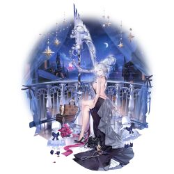 1girl backless_dress backless_outfit bag bare_shoulders black_dress black_footwear bottle bouquet braid breasts building cloud crossed_legs dress eos_(neural_cloud) flower full_body girls&#039;_frontline girls&#039;_frontline_neural_cloud hair_between_eyes hair_ornament harp high_heels highres holding holding_bouquet instrument jewelry long_hair looking_at_viewer moon night night_sky official_alternate_costume official_art parted_lips red_flower sideboob sitting sky sleeveless sleeveless_dress smile solo star_(sky) starry_sky thigh_strap third-party_source transparent_background white_hair wine_bottle yellow_eyes