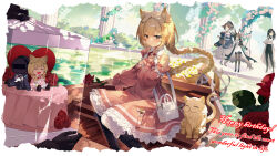 1other 4girls absurdres amiya_(arknights) animal animal_ear_fluff animal_ears arknights bag bare_shoulders black_boots black_eyes black_gloves black_hair black_pantyhose blonde_hair boat boots border brown_hair brown_pantyhose cat character_doll chinese_commentary column commentary_request dappled_sunlight doctor_(arknights) dress english_text flower frills gloves hair_ornament hairclip happy_birthday heterochromia highres knee_boots long_hair long_sleeves medium_hair multiple_girls nightmare_(arknights) nightmare_(the_ferry_girl)_(arknights) official_alternate_costume out_of_frame pantyhose perfumer_(arknights) pillar pink_dress pink_flower pink_rose priestess_(arknights) red_eyes red_flower red_rose rope rose sitting sparkle sunlight unmei_no_watashijin water watercraft waving_arm white_border