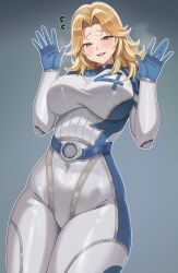 1girl absurdres animification belt blonde_hair blue_bodysuit blue_eyes blush bodysuit breasts breath commentary english_commentary fantastic_four flying_sweatdrops grey_background groin hair_intakes hands_up highres large_breasts marvel marvel_rivals multicolored_bodysuit nannachu7 open_hands simple_background skin_tight solo sue_storm sweat teeth upper_teeth_only white_bodysuit