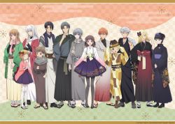 4girls 6+boys :d ;d ^_^ artist_request black_hair blonde_hair bow brown_eyes brown_hair closed_eyes crossed_arms folding_fan fruits_basket grey_eyes hair_bow hair_over_one_eye hakama hakama_skirt hanajima_saki hand_fan hands_in_opposite_sleeves hat honda_tooru japanese_clothes kimono kimono_skirt long_sleeves multicolored_hair multiple_boys multiple_girls official_art one_eye_closed open_mouth orange_eyes orange_hair purple_eyes sandals scarf skirt skirt_hold sleeves_past_wrists smile sohma_ayame sohma_hatori sohma_hatsuharu sohma_hiro sohma_kyou sohma_momiji sohma_ritsu sohma_shigure sohma_yuki tabi thighhighs two-tone_hair uotani_arisa white_hair white_legwear yellow_eyes