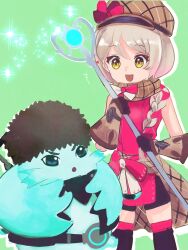 Rule 34 | blonde hair, braid, brown scarf, character request, eyeliner, fire emblem, fire emblem engage, framme (fire emblem), hat, highres, holding, holding staff, long hair, makeup, multicolored hair, nintendo, pink eyeliner, pink hair, plaid clothes, plaid hat, plaid scarf, scarf, single braid, split-color hair, staff, tochiryo, two-tone hair, yellow eyes