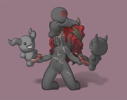 1girl 3boys :d black_skin blindfold blood bloody_tears blush breasts colored_skin completely_nude covered_eyes cum cum_in_mouth cum_in_pussy cum_on_body cum_on_breasts cum_on_legs cum_on_upper_body cumdrip demon_horns demon_wings flat_chest handjob horns incubus_(the_binding_of_isaac) kneeling lil_brimstone_(the_binding_of_isaac) lilith_(the_binding_of_isaac) loli long_hair multiple_boys navel nipples nude open_mouth oral penis pink_background pussy red_hair shadow simple_background smile testicles the_binding_of_isaac tosx veins veiny_penis wings x_x