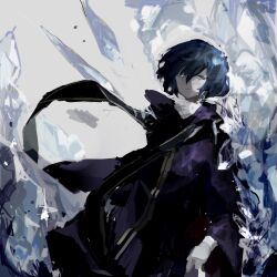 1boy black_eyes black_hair chinese_commentary choker closed_mouth commentary_request cowboy_shot gold_trim hair_between_eyes heterochromia highres ice long_sleeves male_focus purple_choker saibou_shinkyoku shirt short_hair sketch solo stole utsugi_noriyuki vihua6 white_shirt yellow_eyes