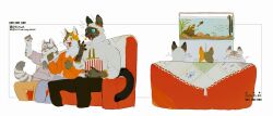 3boys body_fur brown_fur cat_boy commentary couch eating feet_out_of_frame fish fish_tank food furry furry_male gaijin_4koma_(meme) hood hoodie male_focus meme multiple_boys multiple_views original popcorn sd_planb sitting symbol-only_commentary tail white_background