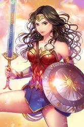 1girl armlet armor armored_dress bare_shoulders black_hair blue_panties blue_skirt bracer breastplate breasts brown_eyes circlet cloud collarbone commentary_request cowboy_shot dappled_sunlight day dc_comics dress eyebrows female_focus fingernails floating_hair glint holding holding_shield holding_sword holding_weapon jewelry leg_up lips long_hair looking_at_viewer matsurika_youko medium_breasts miniskirt nose panties pantyshot parted_lips pleated_skirt pteruges rainbow red_armor sash shield skirt solo standing strapless strapless_dress sunlight sword thighs underwear wavy_mouth weapon wonder_woman wonder_woman_(series)