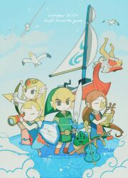 1boy 2024 3girls archery arrow_(projectile) aryll bird bird_girl blonde_hair blue_sky boat bow_(weapon) closed_eyes cloud commentary english_commentary english_text green_hat green_tunic hat highres holding holding_bow_(weapon) holding_harp holding_shield holding_sword holding_weapon instrument korok link maruta_maruta master_sword medli multiple_girls music nintendo one_eye_closed playing_instrument pointy_ears princess_zelda seagull shield short_hair sky sword telescope the_king_of_red_lions the_legend_of_zelda the_legend_of_zelda:_the_wind_waker tiara toon_link tunic watercraft weapon