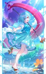 Rule 34 | 1girl, :p, aqua eyes, aqua hair, aqua skirt, aqua vest, blue sky, cloud, commentary, commentary request, commission, day, flower, full body, geta, heterochromia, highres, holding, holding umbrella, lazuri7, lens flare, looking at viewer, outdoors, outstretched arm, puddle, puffy short sleeves, puffy sleeves, purple umbrella, reaching, reaching towards viewer, red eyes, sandals, shirt, short hair, short sleeves, shrine, skeb commission, skirt, sky, solo, standing, standing on one leg, sunlight, tatara kogasa, tongue, tongue out, touhou, umbrella, water, white shirt, yellow flower