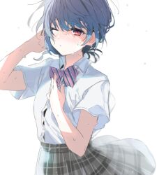 Rule 34 | 1girl, black skirt, blue hair, blush, bow, bowtie, breasts, collared shirt, hair between eyes, hands up, idolmaster, idolmaster shiny colors, looking at viewer, morino rinze, one eye closed, parted lips, pink bow, pink bowtie, plaid clothes, plaid skirt, red eyes, shirt, short hair, short sleeves, shotan, simple background, skirt, small breasts, solo, striped bow, striped bowtie, striped clothes, sweat, very sweaty, white background, white shirt