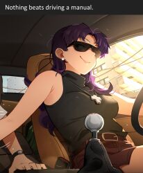 1boy 1girl absurdres breasts car car_interior car_seat cross cross_necklace driving hetero highres ikari_shinji implied_handjob jewelry katsuragi_misato khyle. medium_breasts motor_vehicle naughty_face necklace neon_genesis_evangelion purple_hair smile
