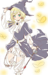 1boy ambiguous_gender ascot belt blonde_hair bug butterfly cowboy_shot glowing_butterfly green_eyes grey_robe hat holding holding_wand insect light_blush magi_the_labyrinth_of_magic male_focus medium_hair menokonome robe short_braid solo titus_alexius trap wand white_ascot white_background white_belt witch_hat